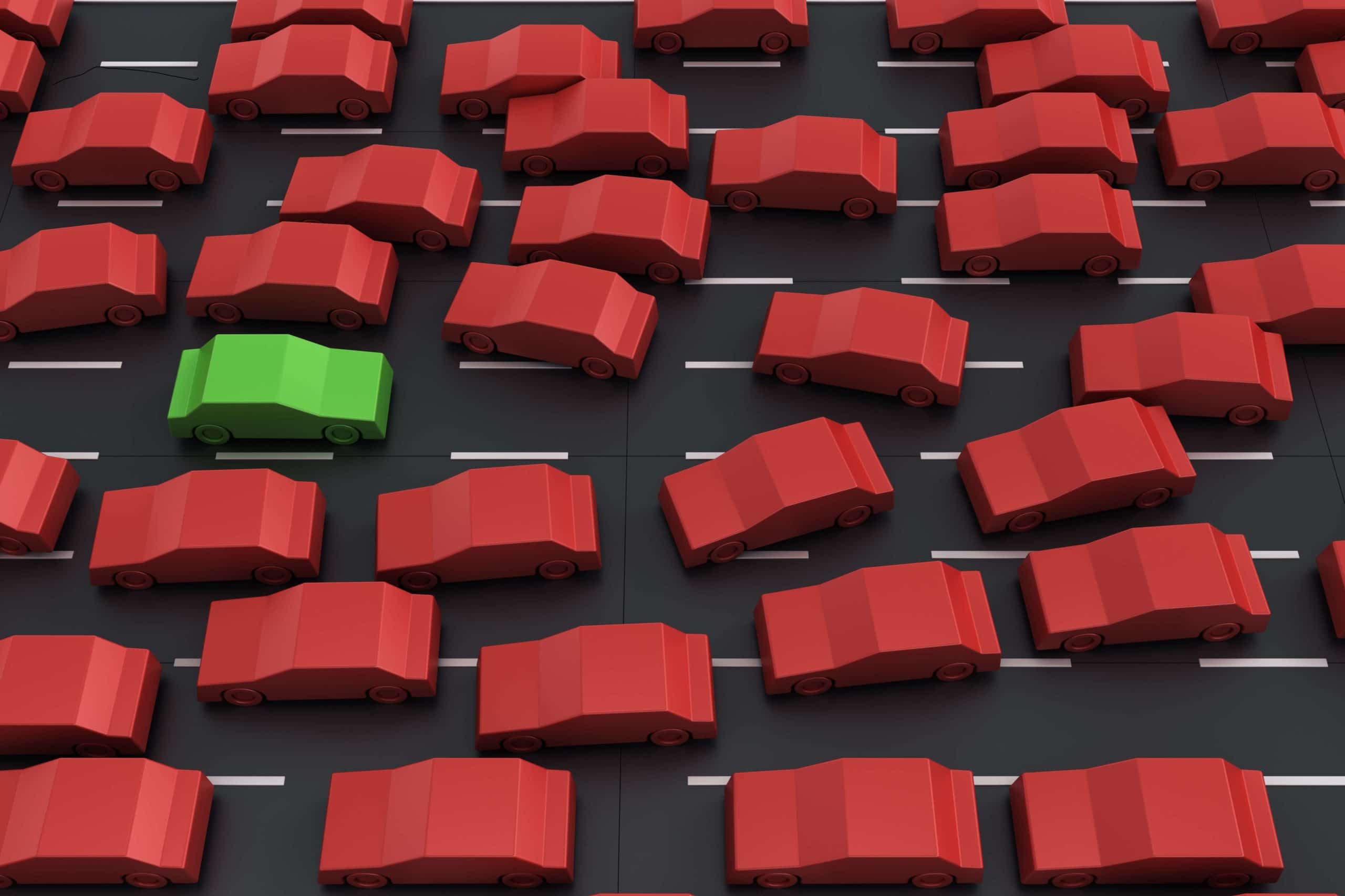 Illustration of a green car going the wrong way against the traffic.