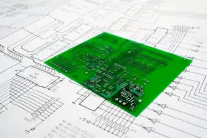 A circuit board produced from the schematic beneath it