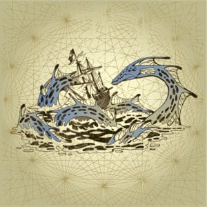A mythical dragon attacking and sinking a boat