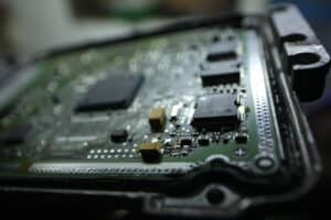 Close up of vehicle electronic control unit.